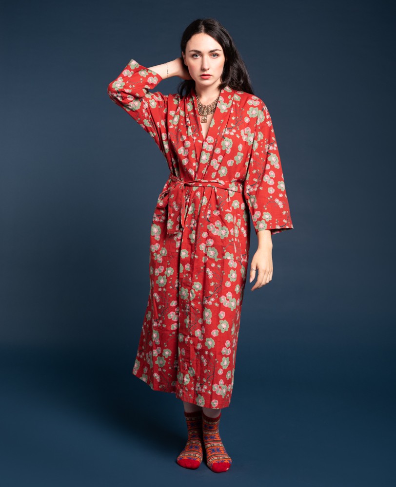 LONG DRESSING GOWN - Blossom Red Brick - LONG 036