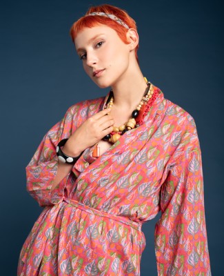 LONG DRESSING GOWN - Dotty Bright Coral - LONG 039